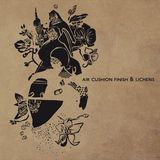 A black illustration on cardboard, huts, meadows, flowers, all floating as in space.