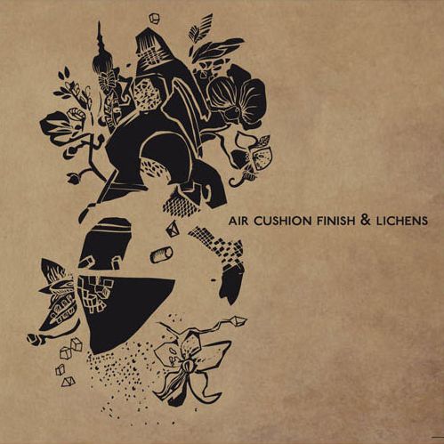 A black illustration on cardboard, huts, meadows, flowers, all floating as in space.