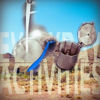 A collage of a desert background with a free flying water tap and espresso machine on top