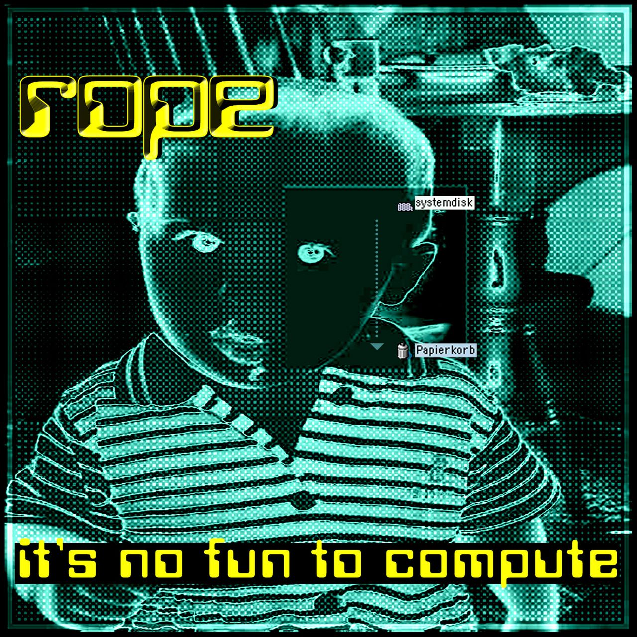 A yellow black green collage, showing a very young kid before band equipment in a striped shirts