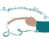 A brownish hand with a very long pointing finger, painting band name and album title with the green of it's own sleeve, on white.