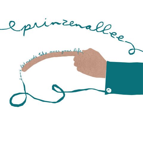 A brownish hand with a very long pointing finger, painting band name and album title with the green of it's own sleeve, on white.