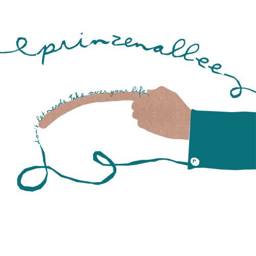 A brownish hand with a very long pointing finger, painting band name and album title with the green of it's own sleeve, on white.