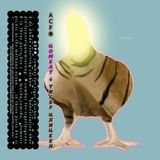 A tiger-furred chicken on pale blue, its head is a lightbulb. Cassette cover.